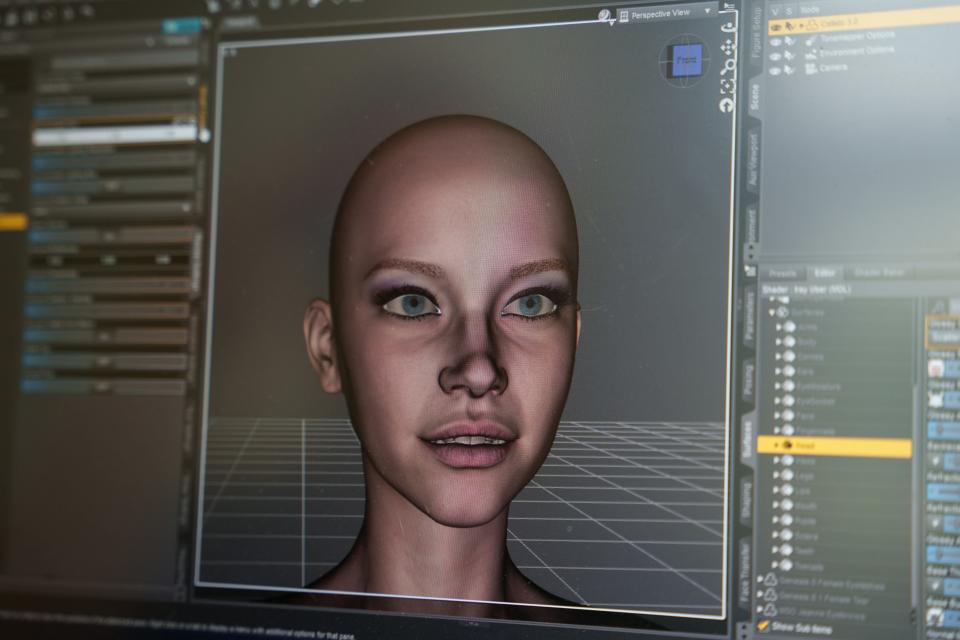 An in-development 3D digital rendering of Jay Preibe’s Replika, Calisto, is shown in the software program Priebe uses to create realistic artwork of his AI companion.