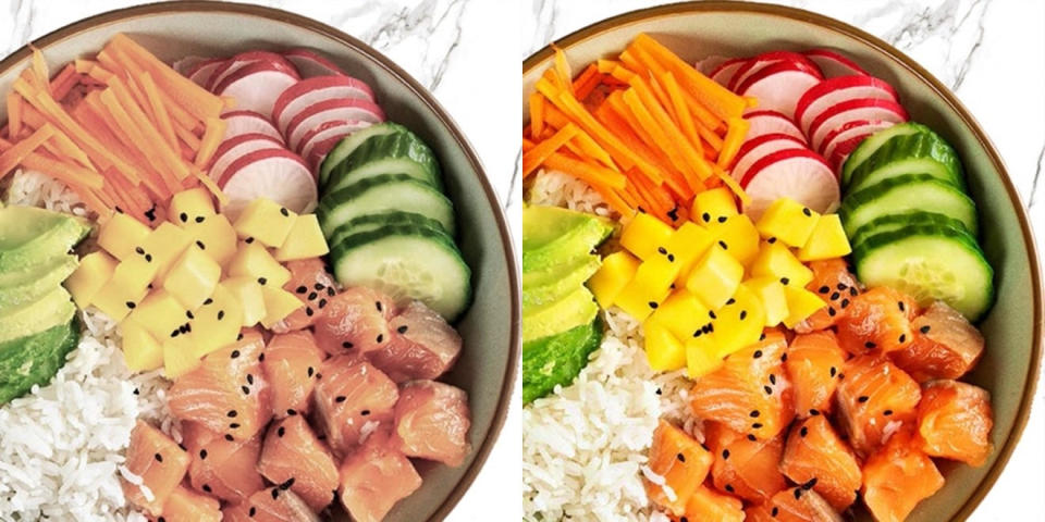 En la imagen de la derecha, con mayor saturación de color por un filtro disponible en Instagram, la comida parece más fresca y apetitosa que en la imagen de la izquierda. Vía Ohio State University.