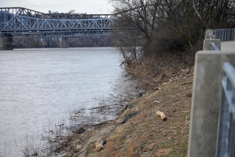 The Ohio River shoreline on the west end of downtown's Smale Riverfront Park, with the Clay Wade Bailey Bridge in the distance, needs millions to combat erosion.