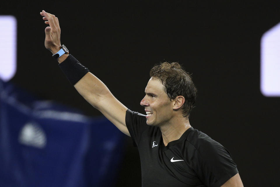 Rafael Nadal of Spain reacts to winning his singles match against Ricardas Berankis of Lithuania at Summer Set tennis tournament ahead of the Australian Open in Melbourne, Australia, Thursday, Jan. 6, 2022. (AP Photo/Hamish Blair)