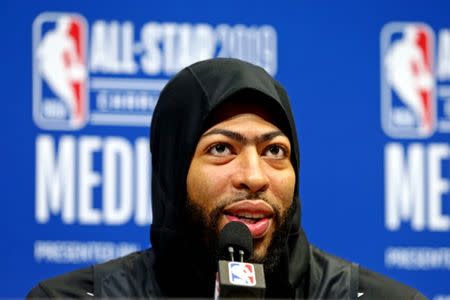 Feb 16, 2019; Charlotte, NC, USA; Team Lebron forward Anthony Davis of the New Orleans Pelicans (23) speaks during the NBA All-Star Media Day at Bojangles Coliseum. Mandatory Credit: Jeremy Brevard-USA TODAY Sports