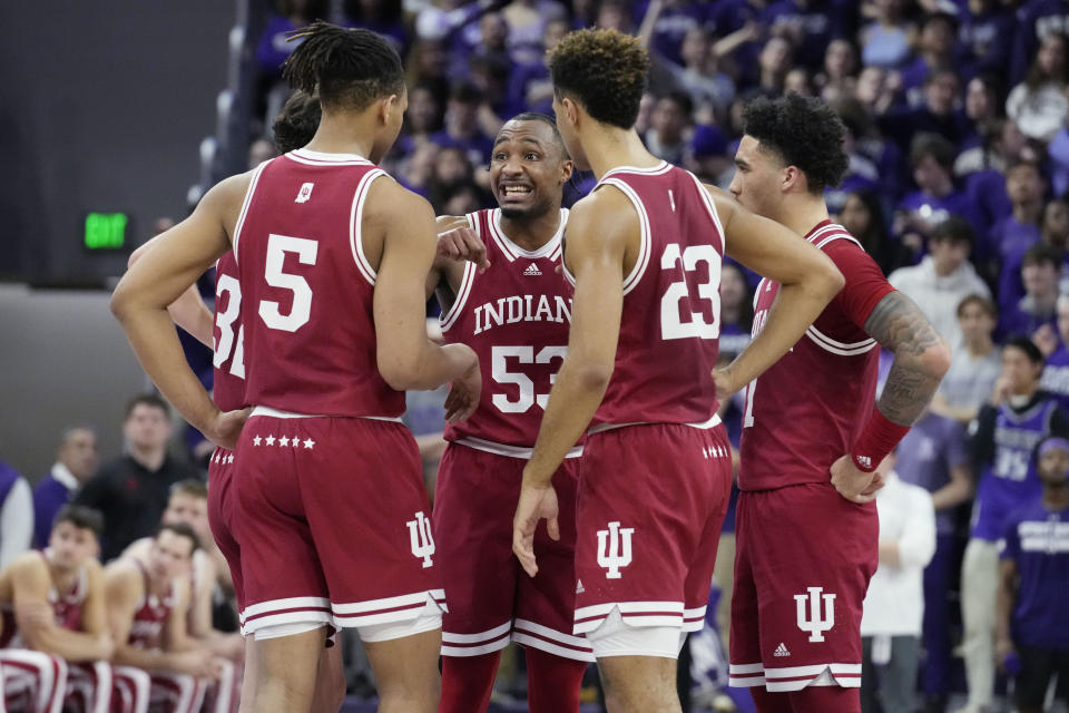 Indiana guard Tamar Bates (53) talks to teammates during the first half of an NCAA college basketball game against Northwestern in Evanston, Ill., Wednesday, Feb. 15, 2023. (AP Photo/Nam Y. Huh)