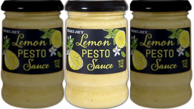 Jar of yellow lemon pesto sauce