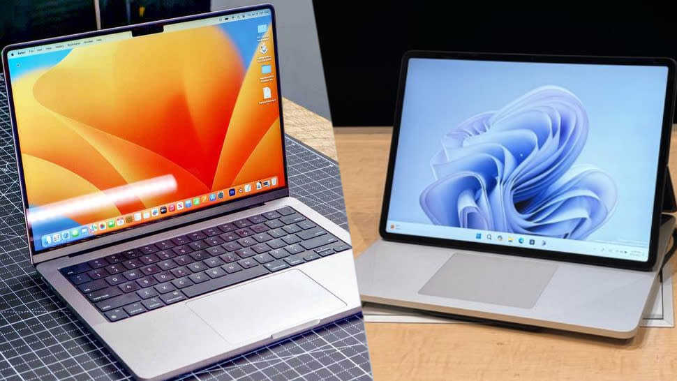  Microsoft Surface Laptop Studio 2 vs MacBook Pro M2 compositional image showing the two laptops side by side. 