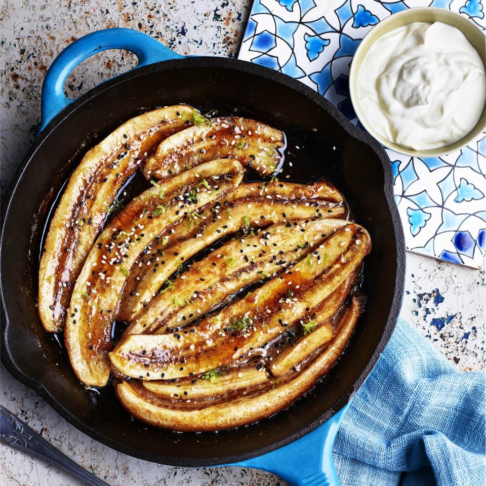 sticky roast bananas with lime yogurt