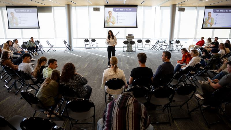 Kristi Holt, co-founder of The MECA Project, leads a discussion group at the Safe2Feel workshop at Utah Valley University in Orem on Saturday, Nov. 4, 2023.