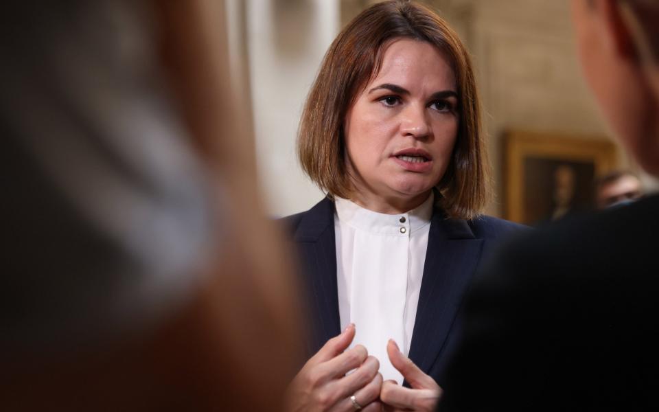 Exiled Belarus opposition leader Sviatlana Tsikhanouskaya met Boris Johnson in London on Tuesday - Bloomberg/Hollie Adams