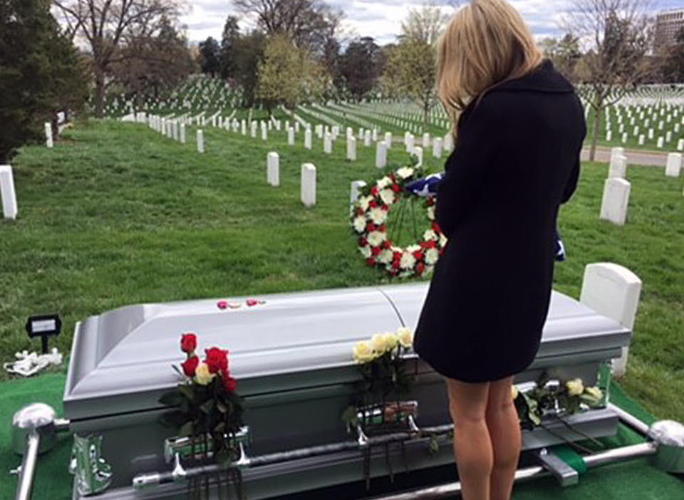 Before Josh Powell passed away, he and Fabi Powell faced a lot of tough conversations, including where he wanted his final resting place to be. Fabi, here, with Josh's casket at Arlington National Cemetery.  (Courtesy Fabi Powell)