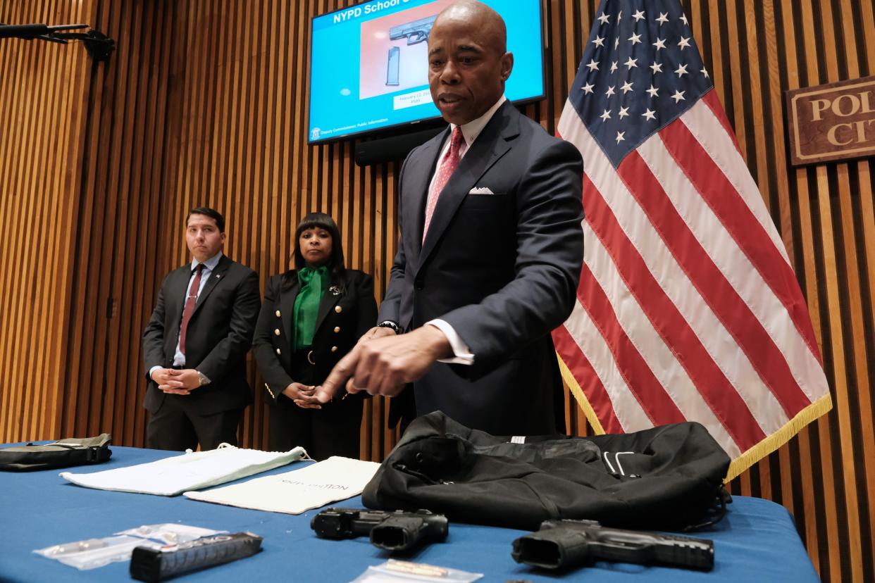 New York City Mayor Eric Adams speaks about guns confiscated at city public schools during a news conference at NYPD headquarters in Manhattan, New York on May 25, 2022. 