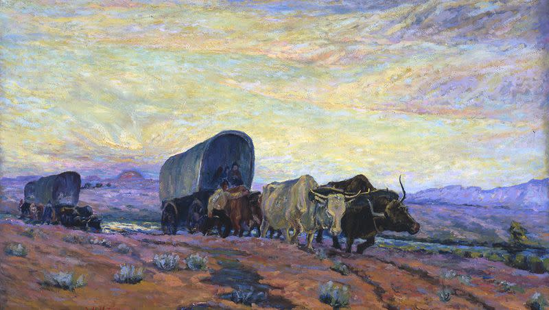 Painting, by John Moser, features pioneer wagon train.