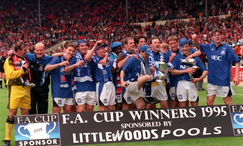 The Everton team celebrate winning the 1995 FA Cup final at Wembley.