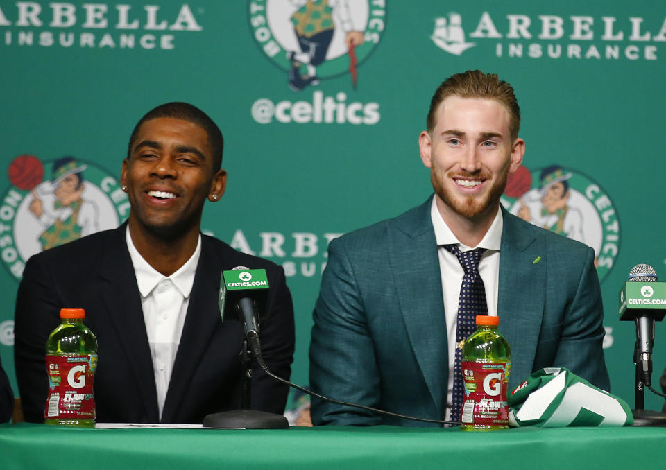 The Celtics introduced Kyrie Irving and Gordon Hayward to Boston on Friday. (AP)