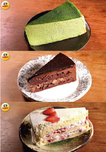 抹茶千層蛋糕（上，切片280元）、黑巧克力蛋糕（中，切片260元）、草莓海綿蛋糕（下，切片270元）（圖／許方正攝）