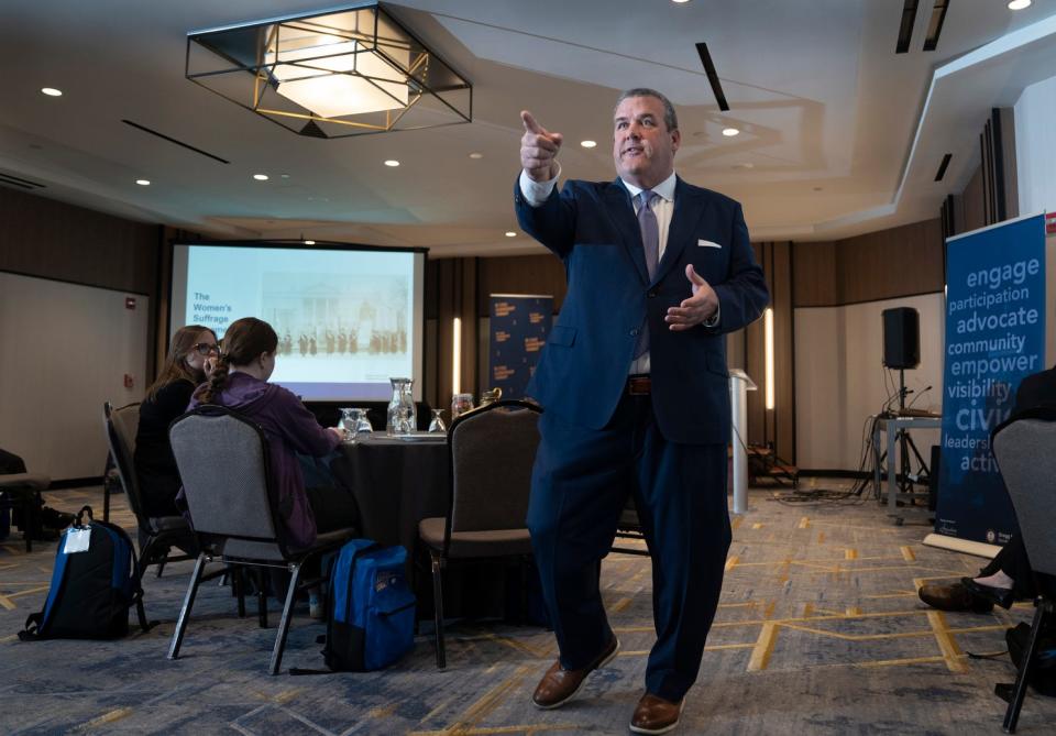 Rhode Island's Secretary of State, Gregg Amore led a civic program for high school seniors at the Marriott Hotel in Providence, Rhode Island, at the Rhode Island Civic Leadership Summit on April 18, 2024.