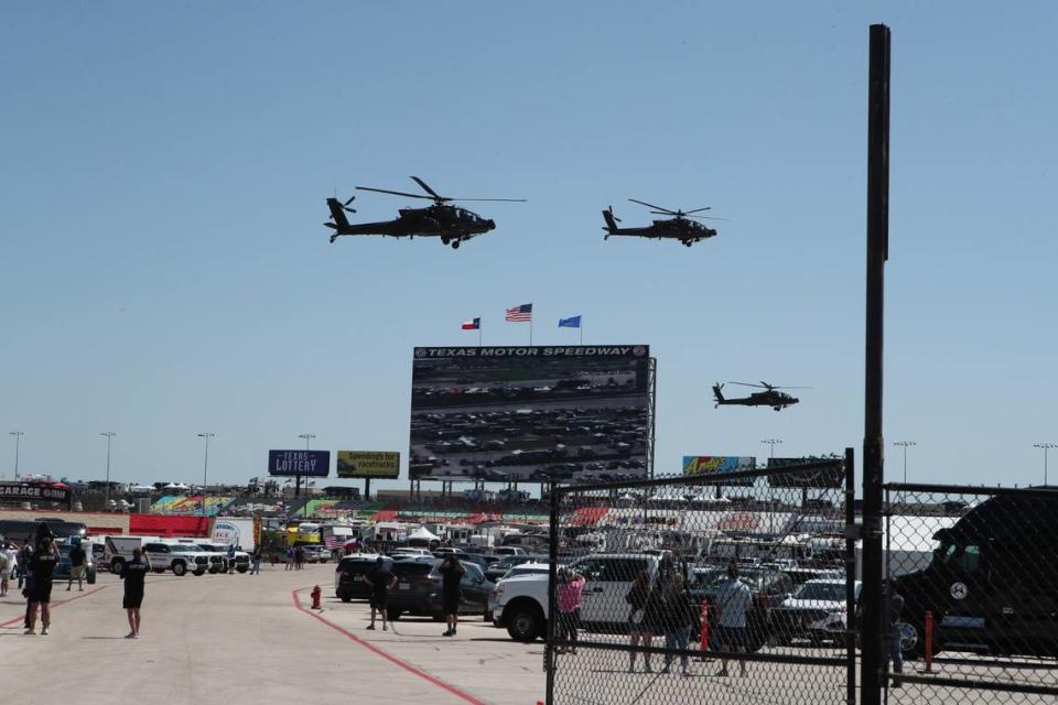 Apr 13, 2024; Fort Worth, Texas, USA; A general view of the pre-race flyover before the NASCAR Xfinity Series Andy’s Frozen Custard 300 at Texas Motor Speedway. Michael C. Johnson/USA TODAY Sports