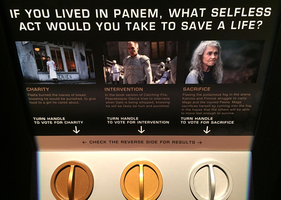 Throughout the exhibition, there are different decisions you can make based on what happens in the films. Luckily, the stakes aren’t life or death; instead, you vote for the decision you’d make and it becomes part of a tally to see how the public at large would react. Here, they ask what actions you would take to save a life: Give to charity, intervene to stop violence, or even sacrifice yourself.