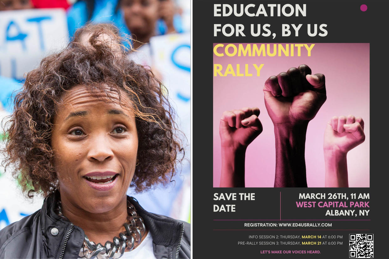 Miriam Raccah (left) charter school rally poster (right)