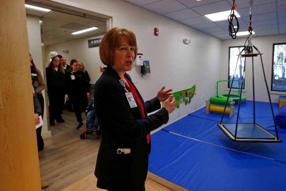 Southcoast Health vice president, Tonya Johnson speaks about the new sensory integration room inside of the new Southcoast Health Pediatric Rehabilitation Program building on Acushnet Avenue in New Bedford.
(Credit: PETER PEREIRA/The Standard-Times)