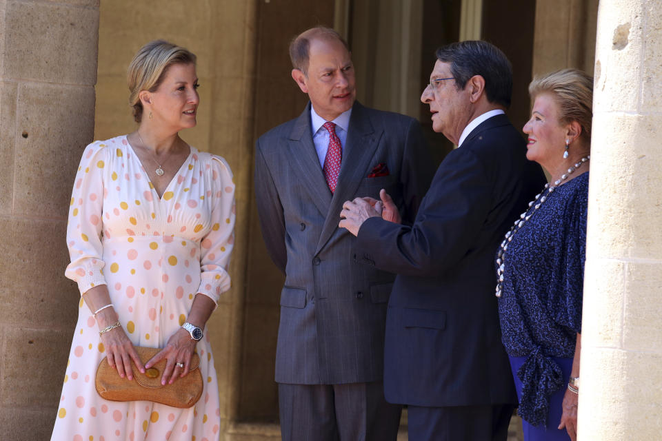 Cyprus President Nicos Anastasiades, second right, and his wife Antri, right, receive Britain's Prince Edward and Sophie, Countess of Wessex at the presidential palace in the capital Nicosia, Cyprus, Tuesday, June 21, 2022. (AP Photo/Philippos Christou)