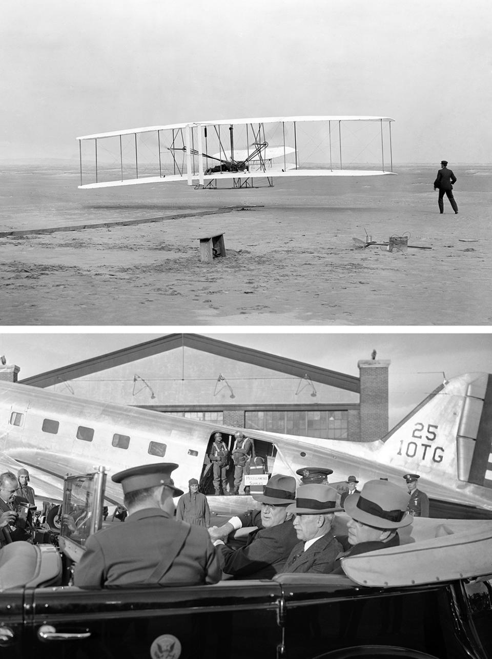 Top: The first flight by the Wright Brothers in Kitty Hawk, N.C. in 1903. Bottom: President Franklin D. Roosevelt tours the U.S. Army Air Corps’ Wright Field in 1940, with Orville Wright. 