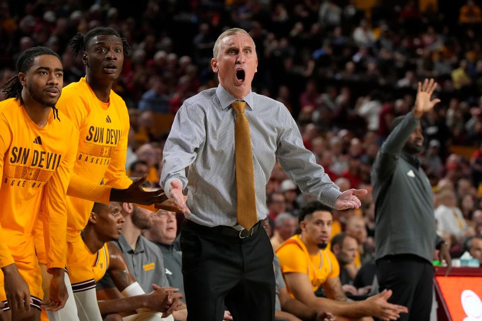 Arizona State head coach Bobby Hurley reacts after a foul call during the first half of an NCAA college basketball game against Arizona on Feb. 28, 2024, in Tempe.