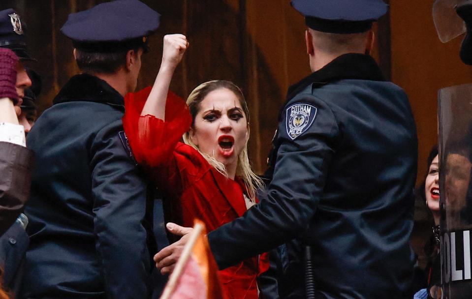 Lady Gaga performs during the shooting of the movie "Joker: Folie à Deux" in New York on March 25, 2023.