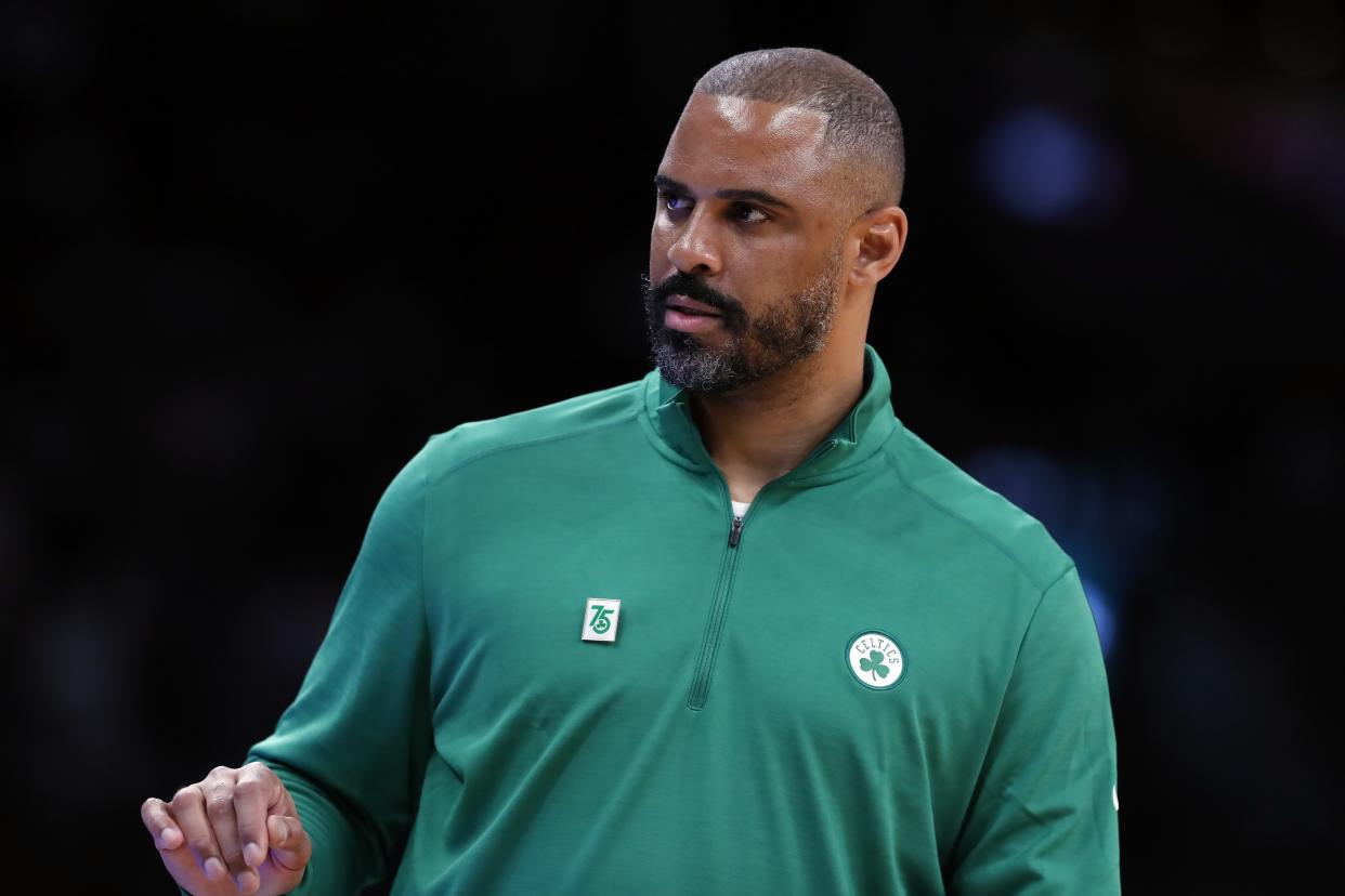 Boston Celtics head coach Ime Udoka during the second half of an NBA basketball game against the Toronto Raptors, Friday, Oct. 22, 2021, in Boston. (AP Photo/Michael Dwyer)