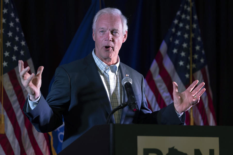 Sen. Ron Johnson, R-Wis., speaks to his supporters in the early morning hours at an election night party in Neenah, Wis., Wednesday, Nov. 9, 2022. (AP Photo/Mike Roemer)