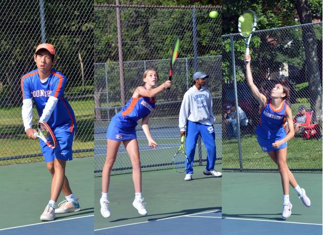 Boonsboro sophomore Hunter LIao, left, won the Maryland Class 1A boys single title for the second straight year, and sophomore Larissa Blair, center, teamed with senior Cami Row, right, to win the girls doubles title Saturday at Baker Park in Frederick.