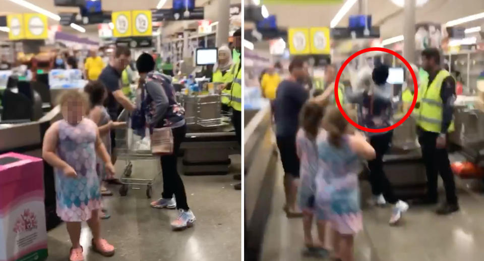 The woman can be seen grabbing a shopper's bag and throwing it across the store. Source:  Facebook