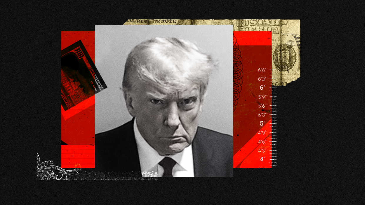 A photo illustration shows former President Donald Trump’s mug shot, a $100 bill and a height scale.