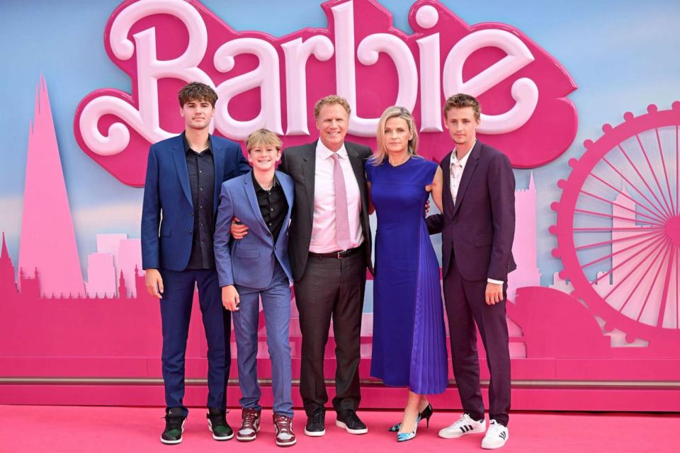 PHOTO: Mattias Paulin Ferrell, Axel Paulin Ferrell, Will Ferrell, Viveca Paulin and Magnus Paulin Ferrell attend the European Premiere Of 'Barbie' July 12, 2023, in London. (Samir Hussein/WireImage via Getty Images)