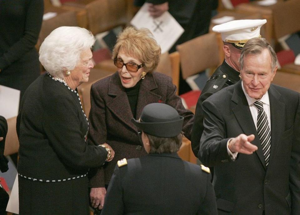 From left: Barbara Bush, Nancy Reagan and George H. W. Bush at former President Gerald Ford's funeral in 2007