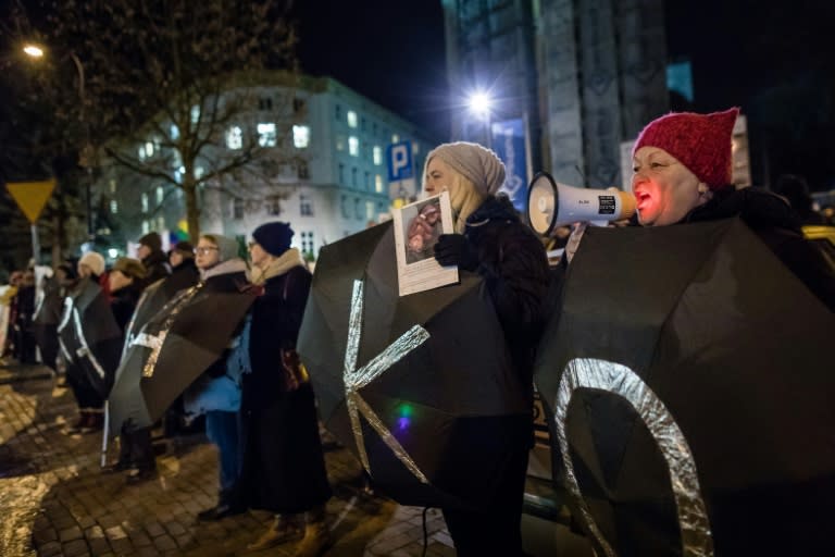 Protesters hold umbrellas bearing letters to read the expression 'Women's Rights' during an anti-government and pro-abortion demonstration in Warsaw