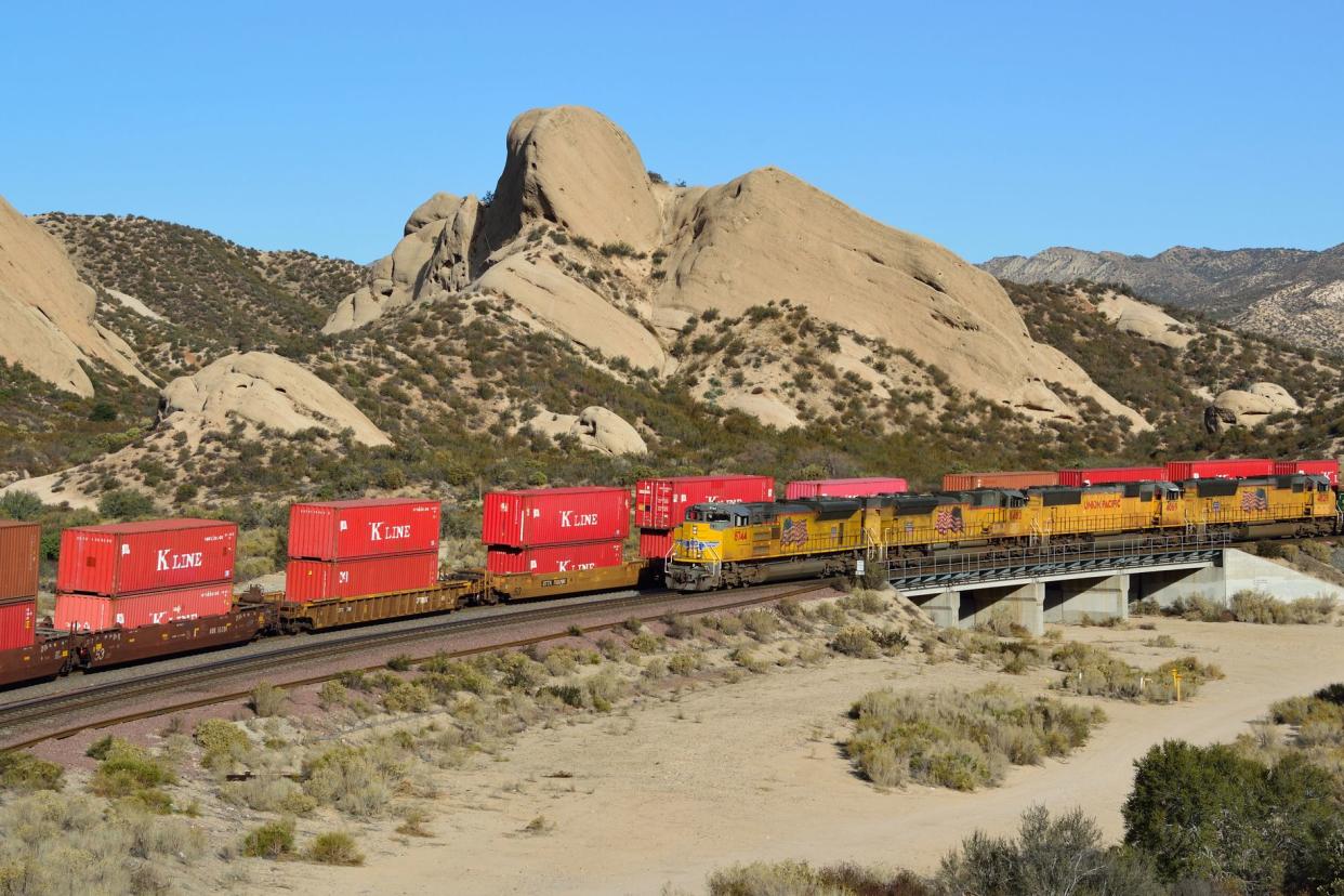 cajon pass with train in california