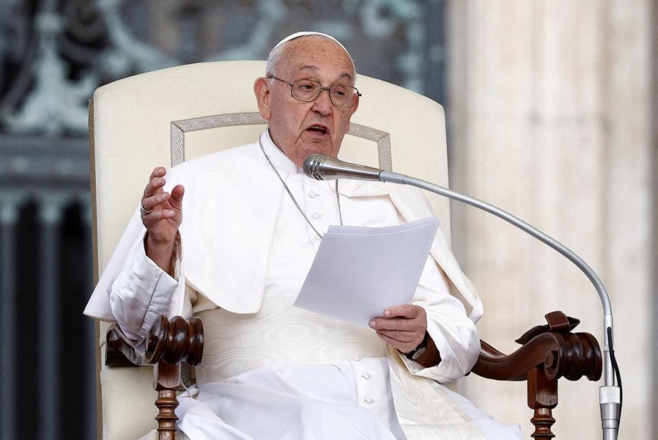 Pope Francis attends the weekly general audience in St Peter’s Square at the Vatican on 22 May (Reuters)