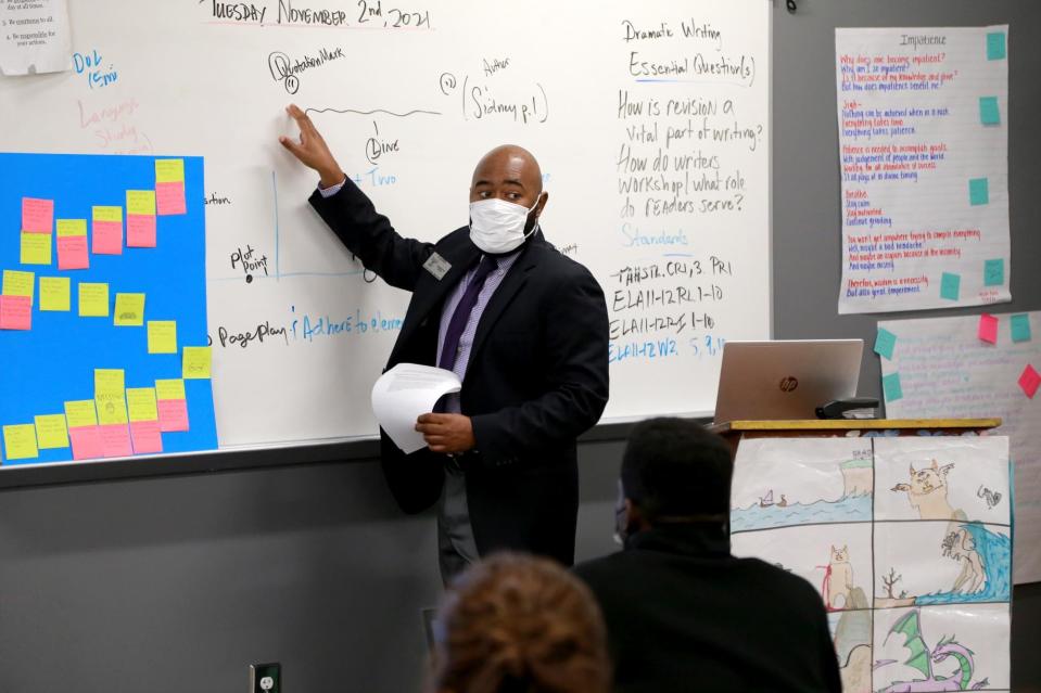 Paul Sidney, an English Language Arts teacher, gives a lesson in his classroom at Jenkins High.