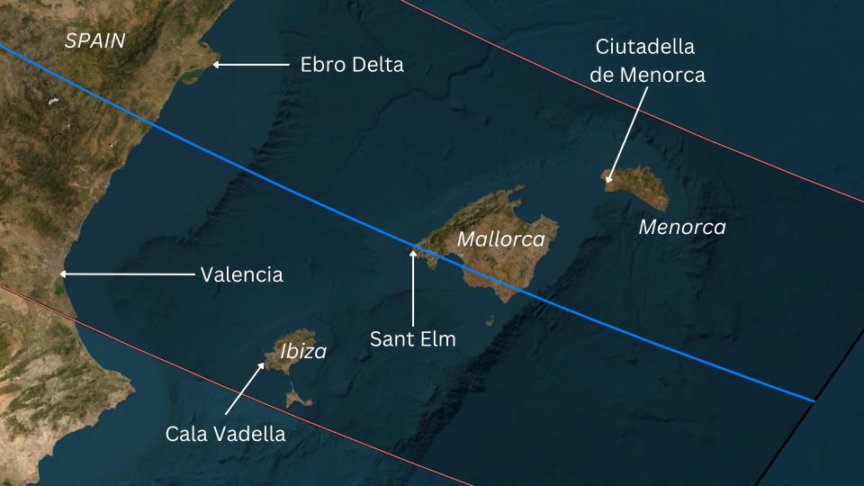 Map of Mallorca, Menorca and Ibiza located in the path of the total eclipse.