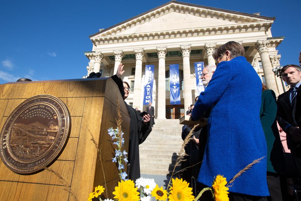 Gov. Laura Kelly takes the Oath of Office by Chief Justice Marla Luckert  during the inauguration at the Statehouse Monday afternoon.