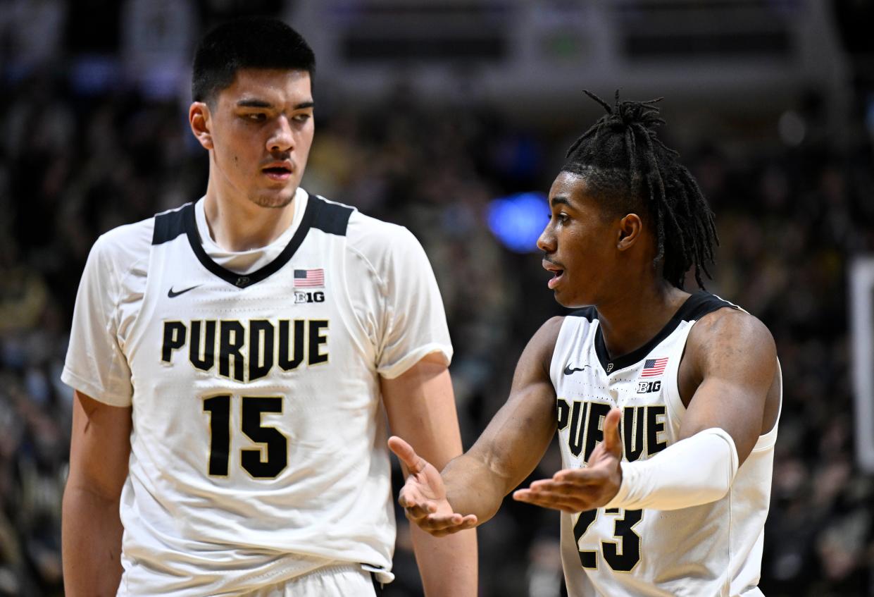 Purdue Boilermakers guard Jaden Ivey (23) talks with Purdue Boilermakers center Zach Edey (15) during the second half against the Nebraska Cornhuskers at Mackey Arena.