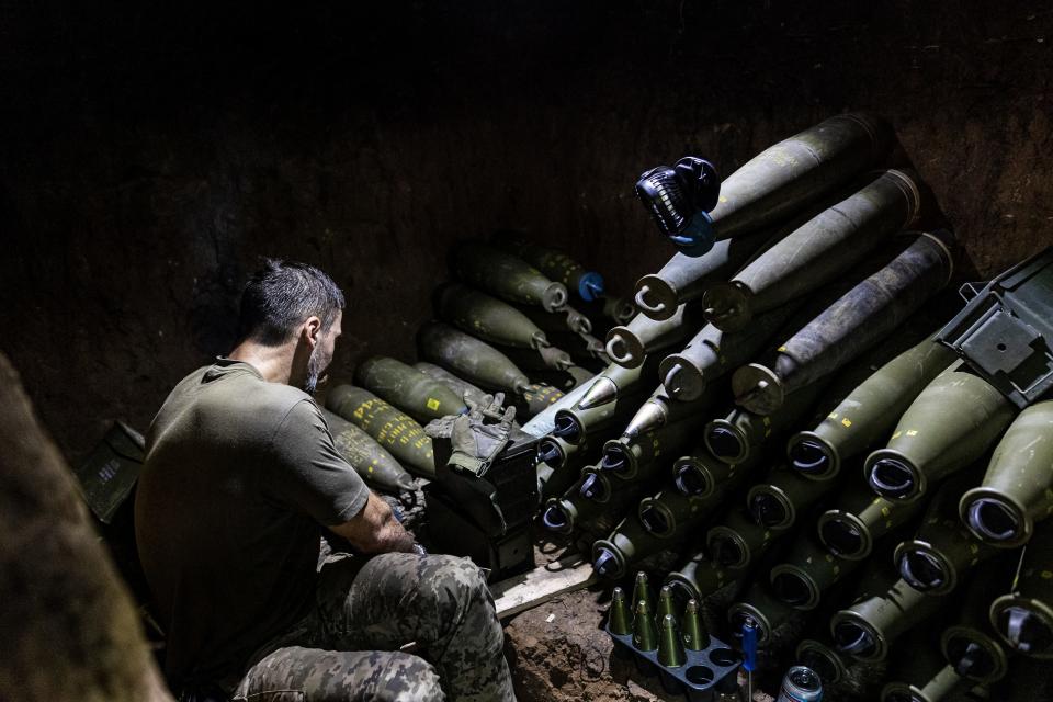 Ukrainian soldiers prepare 155mm artillery shells in a combat position as Ukrainian troops conduct an operation targeting Russian trenches through Donetsk Oblast, Ukraine, August 6, 2023, as the Russian-Ukrainian war continues. soldier.