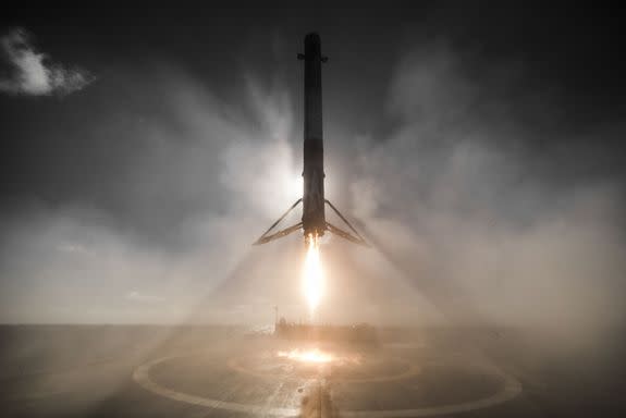 A Falcon 9 rocket landing on a drone ship in the Pacific Ocean in January 2017.
