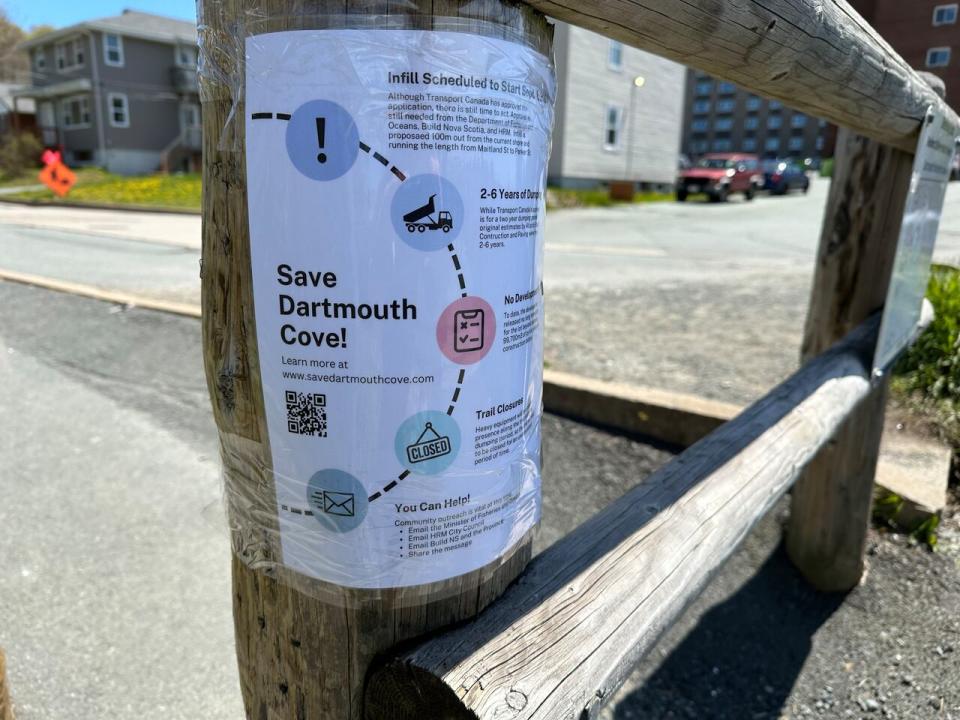 A sign from a neighbourhood group opposed to infilling at Dartmouth Cove in Halifax harbour is shown Monday, May 13, 2024.