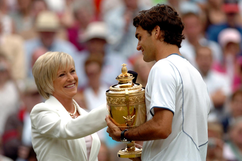 Roger Federer is interviewed by Sue Barker (Photo by Jon Buckle - PA Images via Getty Images)