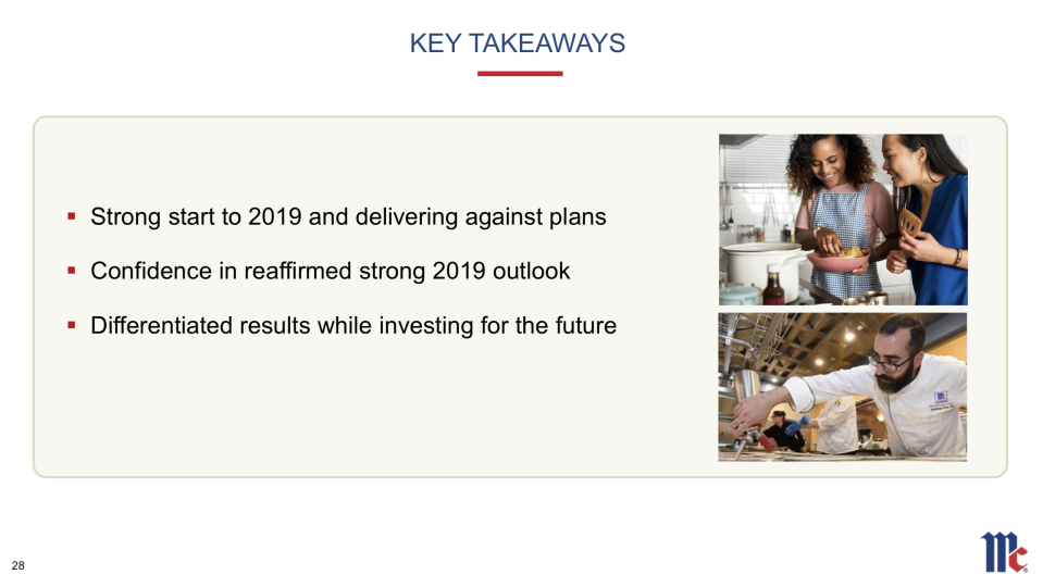 A slide summarizing McCormick's outlook for 2019