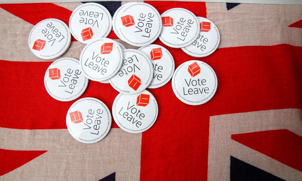 Vote Leave badges on a union jack flag