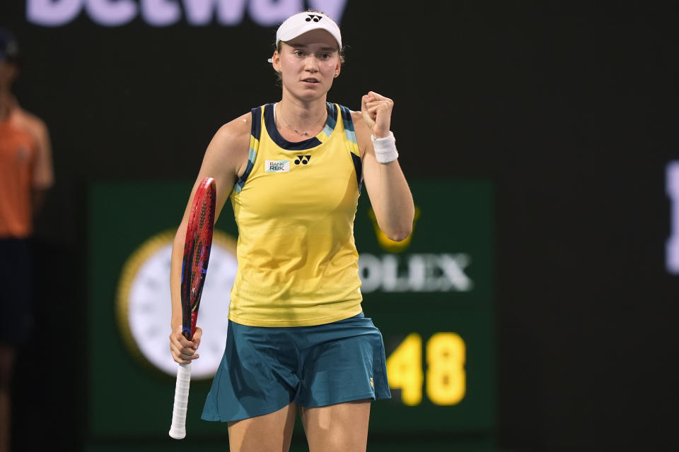 Elena Rybakina, of Kazakhstan, gestures after defeating Maria Sakkari, of Greece, during the Miami Open tennis tournament Tuesday, March 26, 2024, in Miami Gardens, Fla. (AP Photo/Marta Lavandier)