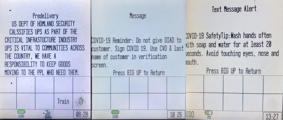 Messages UPS drivers have received on their handheld devices (called DIADs) about coronavirus since March 11. (Obtained by NBC News)