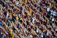 <p>Loyola Ramblers fans cheer during the 2018 NCAA Men’s Final Four semifinal game against the Michigan Wolverines at the Alamodome on March 31, 2018 in San Antonio, Texas. (Photo by Josh Duplechian/NCAA Photos via Getty Images) </p>