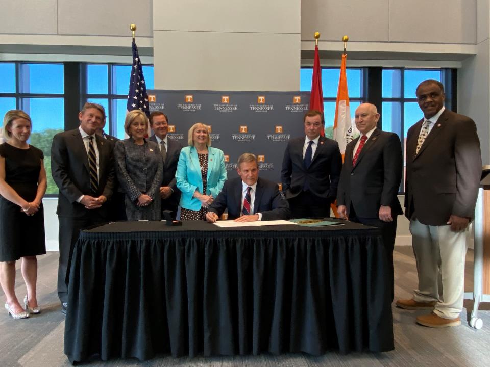 Gov. Bill Lee signs a bill establishing the Institute of American Civics in University of Tennessee's student union, Thursday, May 12, 2022.